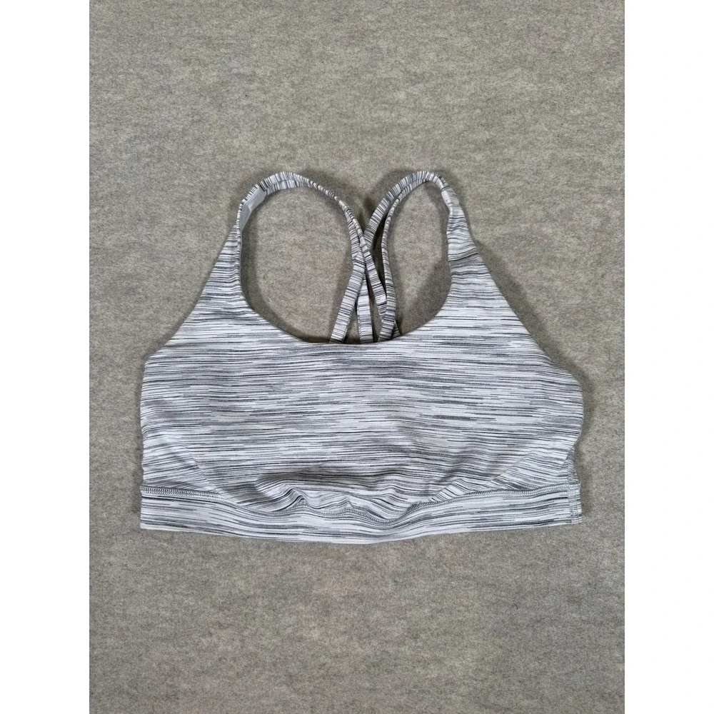 Lululemon Sports Bra Womens 10 Gray Stripe Strappy Crossback Yoga Gym Running